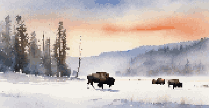 A peaceful winter scene in Yellowstone National Park with bison grazing in a snowy landscape, illuminated by soft morning light.