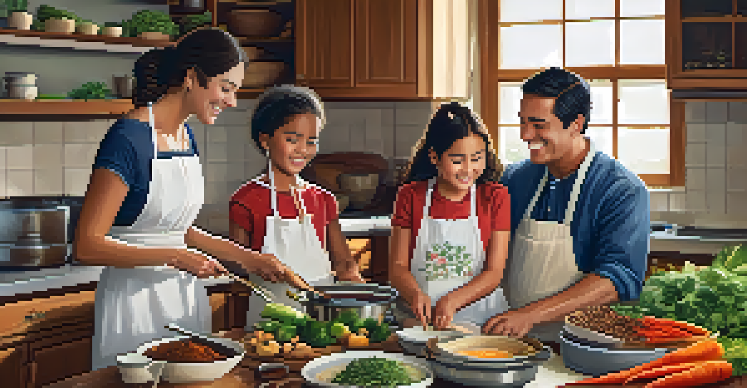 A family cooking together in a warm kitchen, surrounded by fresh ingredients and traditional cooking tools.
