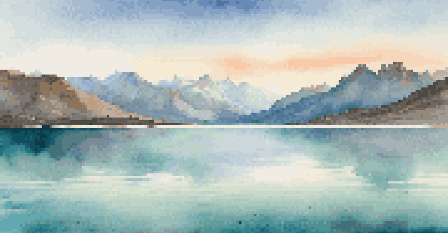 A peaceful dawn view of Lake Pehoé, with turquoise waters reflecting the rugged Andes mountains under soft morning light.