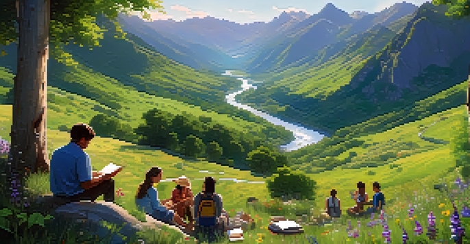 A diverse group of people gathered around a travel journal in a lush green valley, with a winding river and mountains in the background.