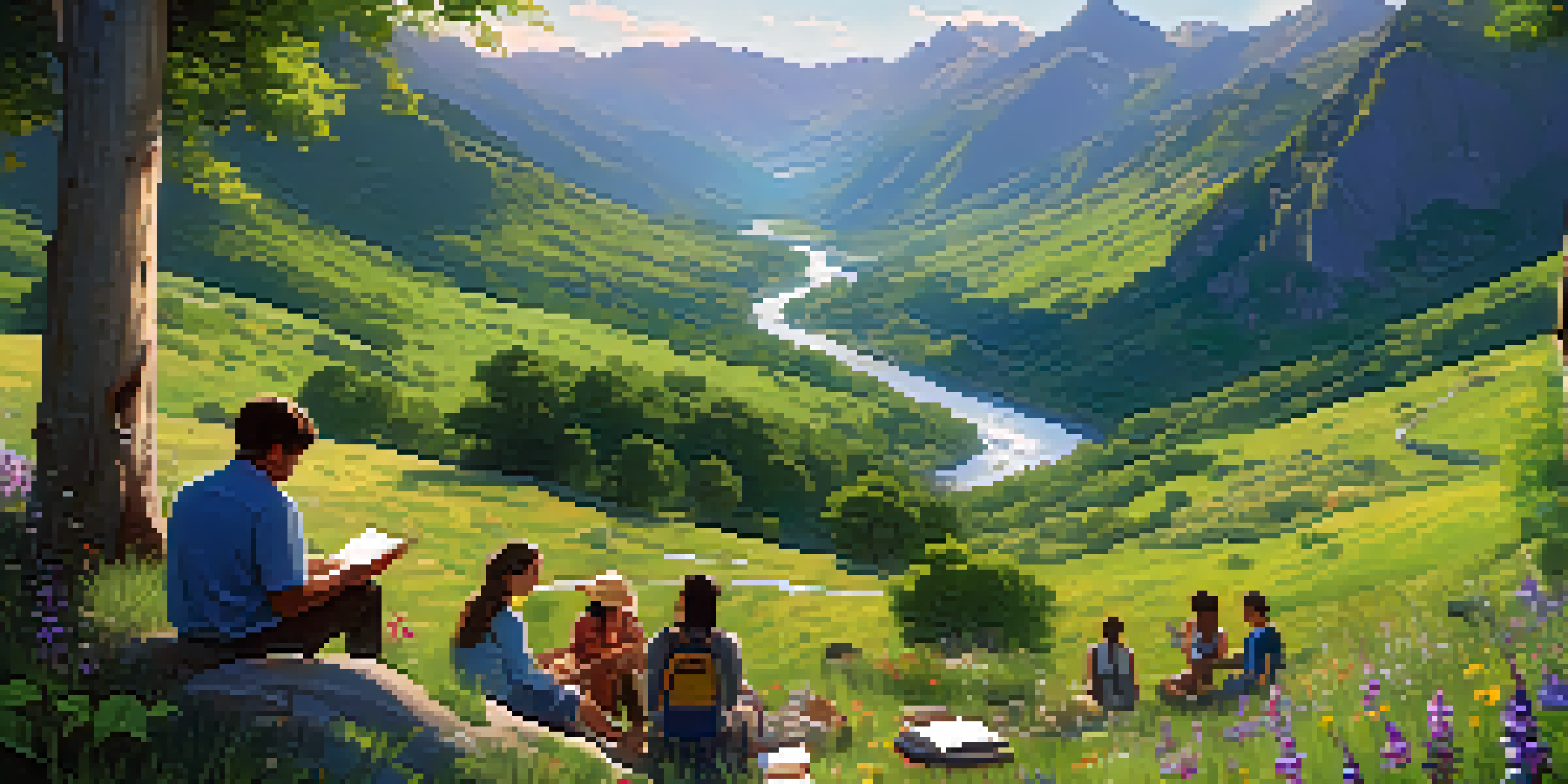 A diverse group of people gathered around a travel journal in a lush green valley, with a winding river and mountains in the background.