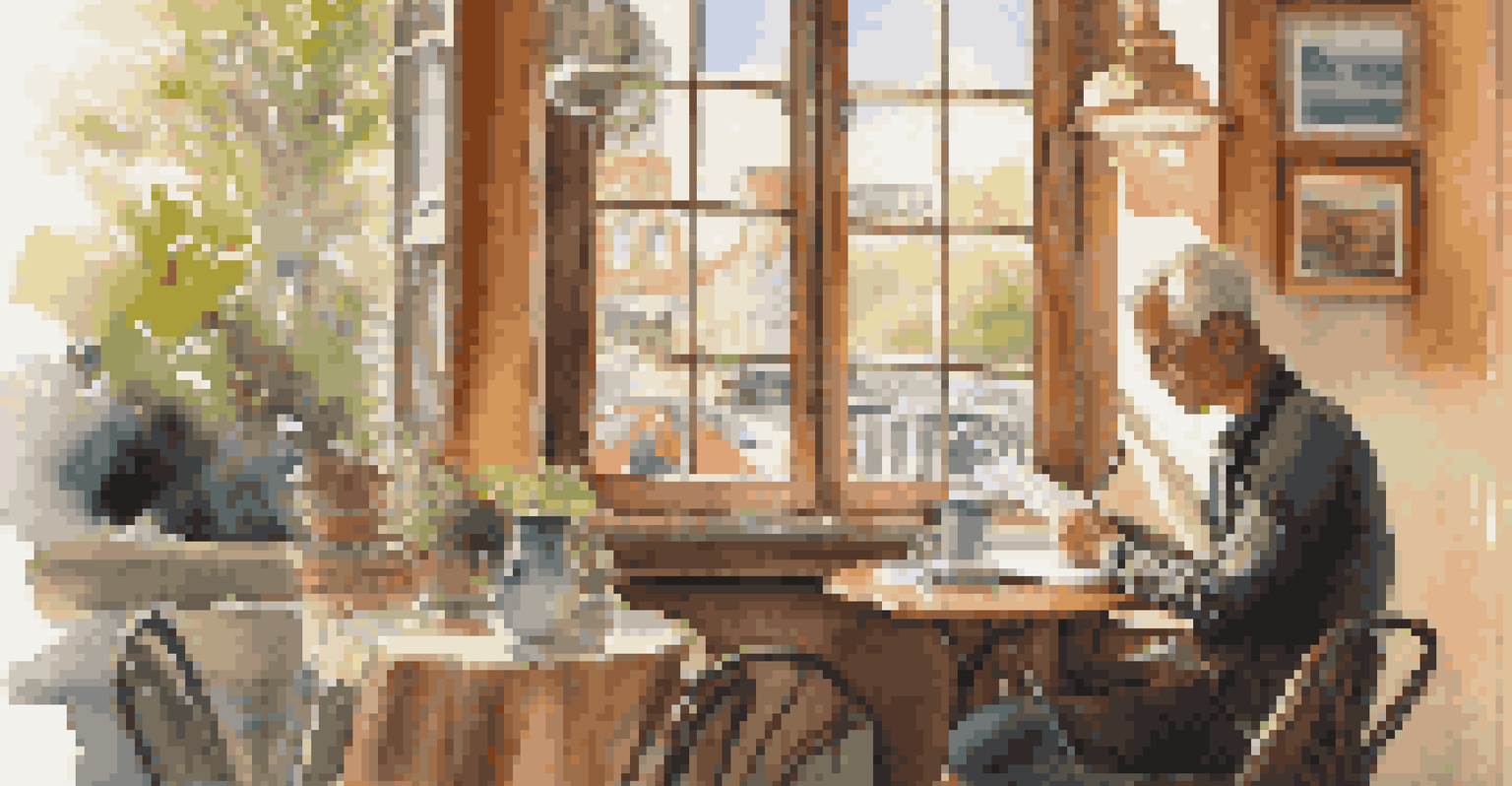 A traveler writing in a journal at a local café, surrounded by vibrant art and decor, with soft afternoon light.