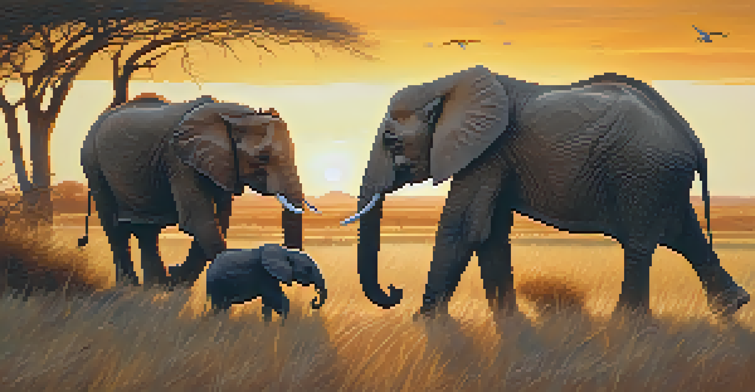 A family of elephants grazing near a watering hole at sunset.