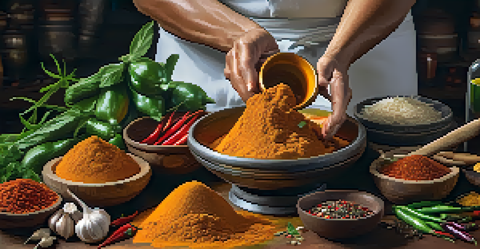 A chef grinding spices in a mortar and pestle to make Thai curry paste, with colorful ingredients around, illuminated by focused lighting.