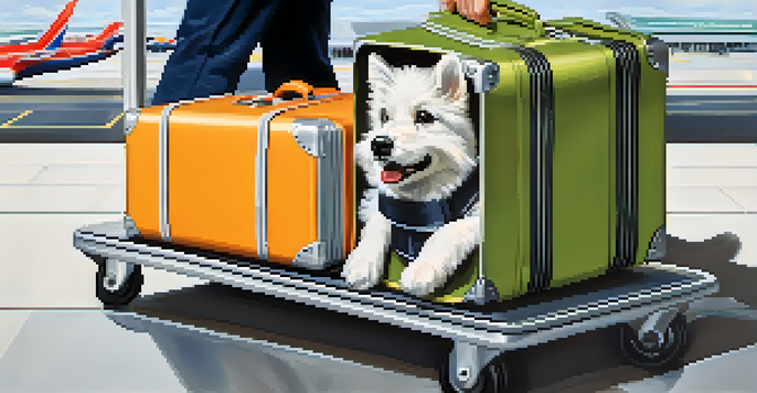 A hard-sided pet carrier on a travel cart at an airport, with travelers and luggage in the background.