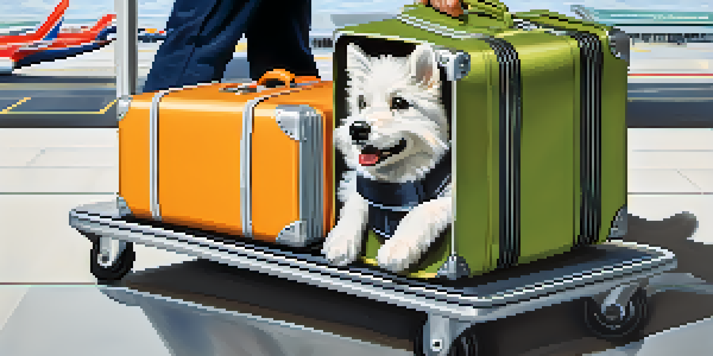 A hard-sided pet carrier on a travel cart at an airport, with travelers and luggage in the background.