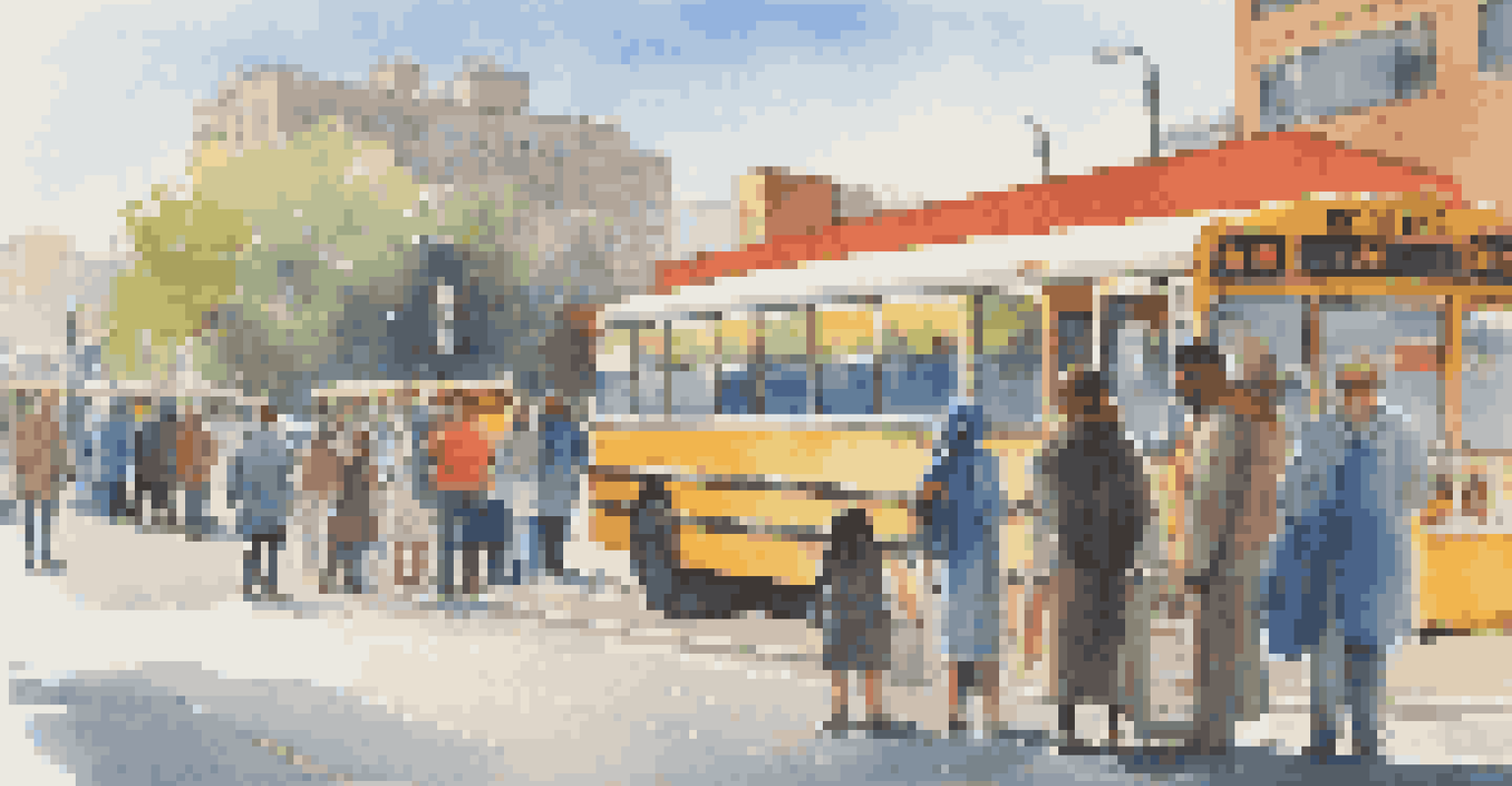 A bus stop scene where passengers are waiting patiently to board. The atmosphere reflects cooperation and community in a vibrant cityscape.