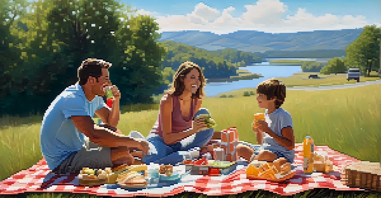 A family enjoys a picnic at a rest stop during a road trip, with a picturesque landscape and a clear blue sky.