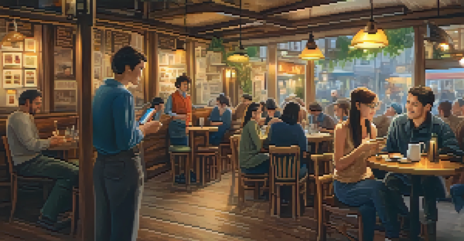 A traveler in a cozy café using a smartphone app to learn local language phrases, surrounded by a warm and inviting atmosphere.