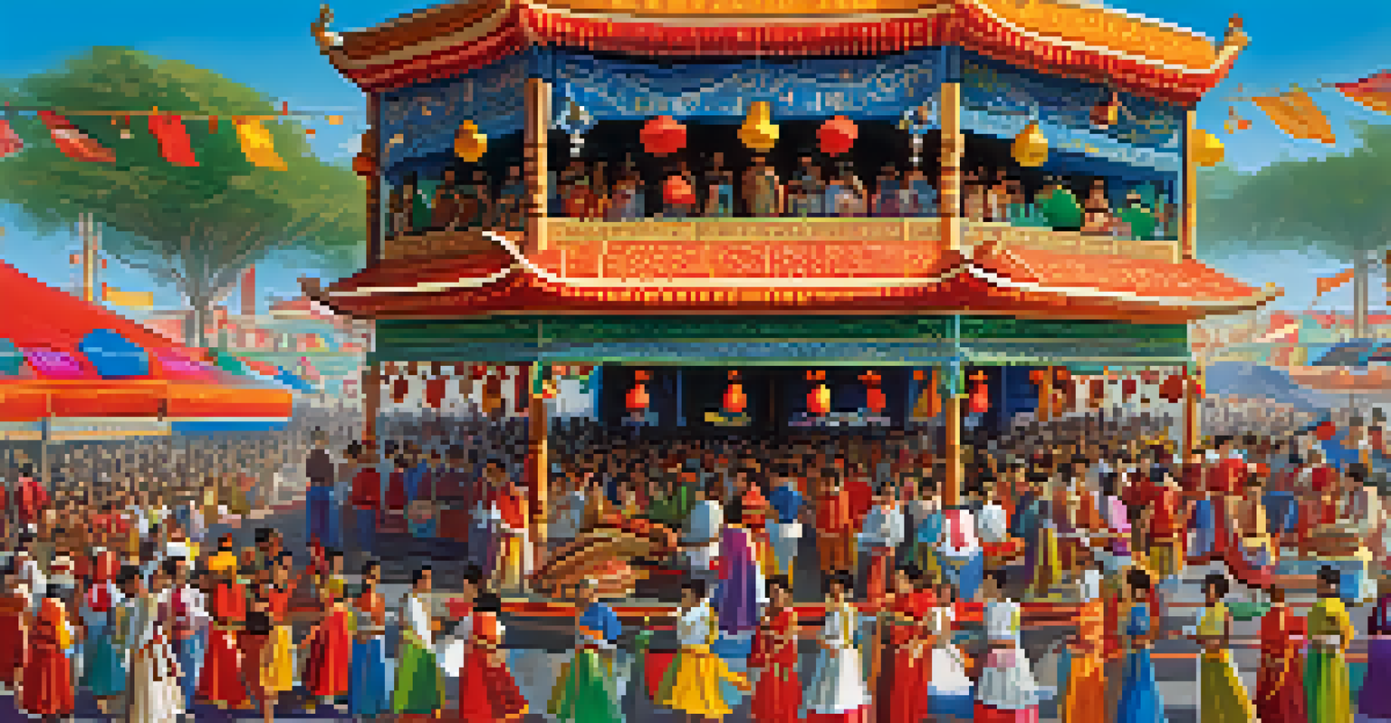 A cultural festival with colorful stalls and diverse dancers performing on a stage, surrounded by an enthusiastic crowd.