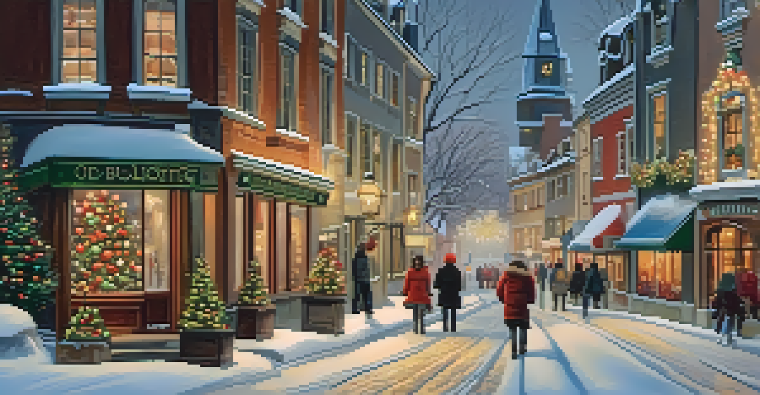 A charming winter landscape in Old Quebec City, Canada, adorned with holiday lights and snow, featuring people and festive decorations.