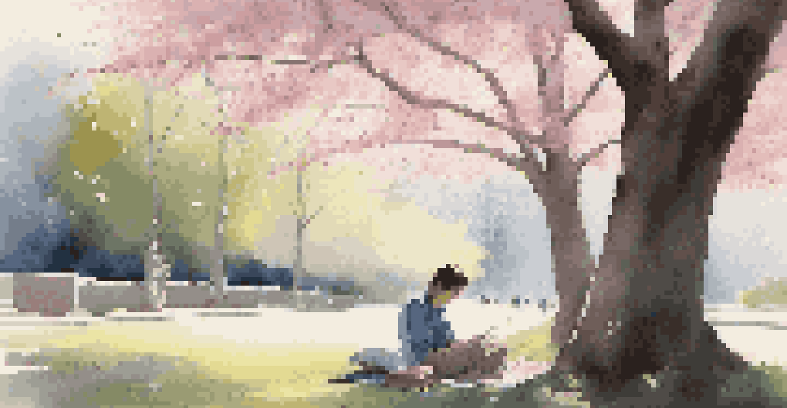 A traveler writing in a journal under a cherry blossom tree, with sunlight filtering through the branches and petals falling.