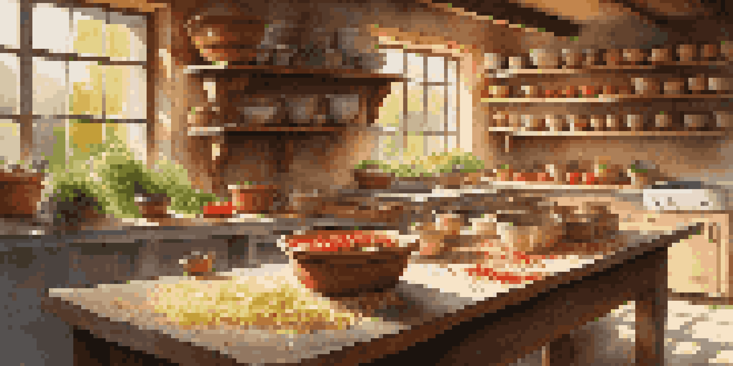 A warm Tuscan kitchen with sunlight illuminating a table full of fresh ingredients for pasta-making, with a local chef demonstrating the process.