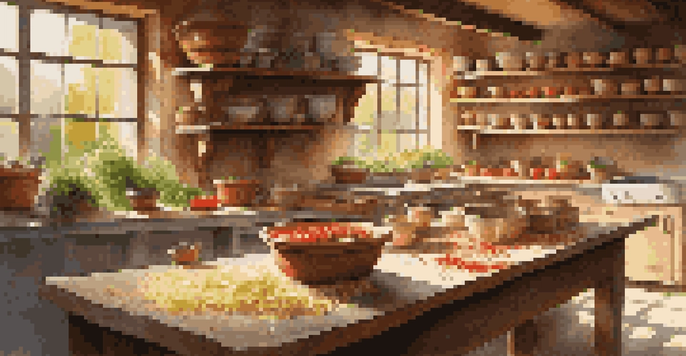 A warm Tuscan kitchen with sunlight illuminating a table full of fresh ingredients for pasta-making, with a local chef demonstrating the process.
