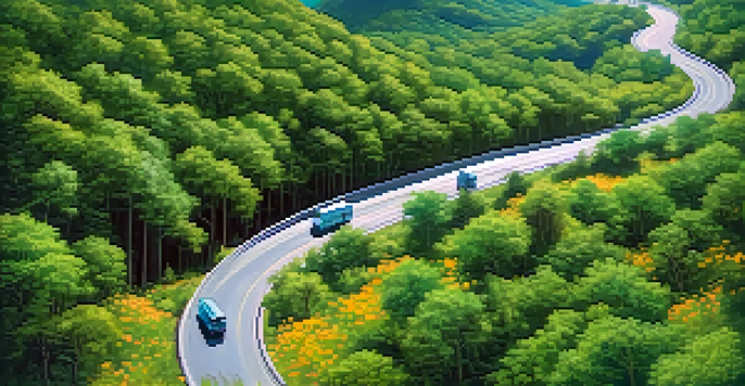 A colorful van driving on a winding road through a green forest under a blue sky.