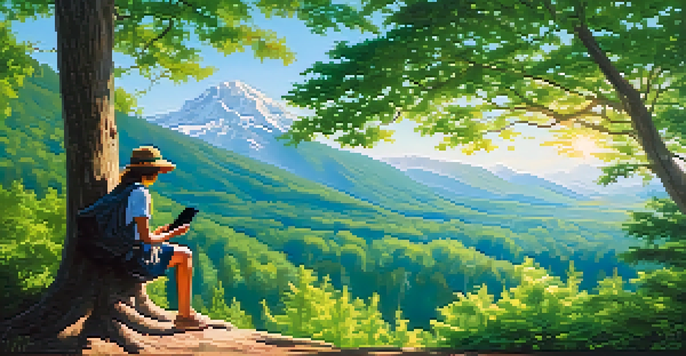 A traveler in a green forest looking at mountains, holding a smartphone.