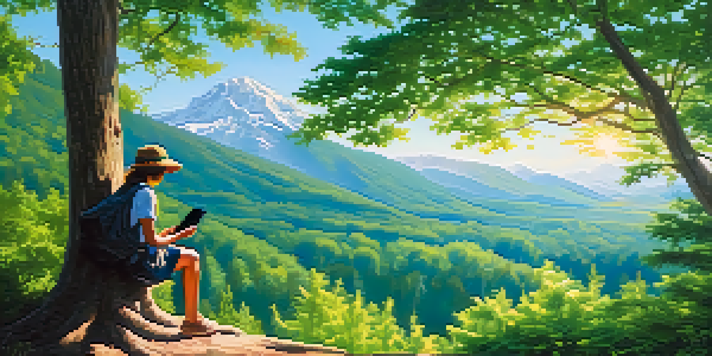 A traveler in a green forest looking at mountains, holding a smartphone.