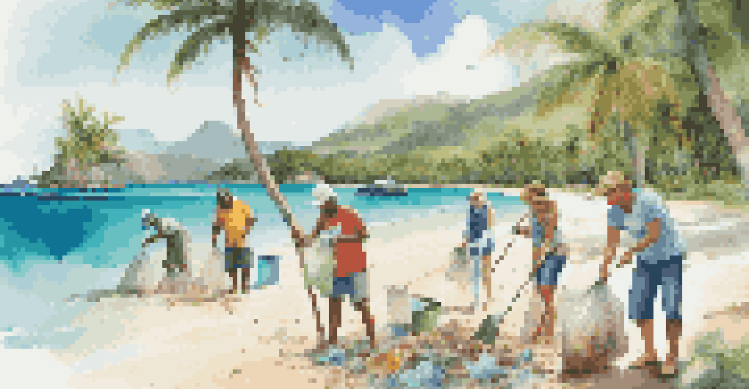 Travelers engaging in a beach clean-up activity on a tropical island during a sustainable cruise, with clear waters and palm trees in the background.