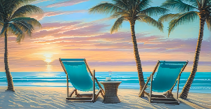 A tranquil beach at sunset with pastel skies, palm trees, and beach chairs, creating a peaceful winter escape atmosphere.