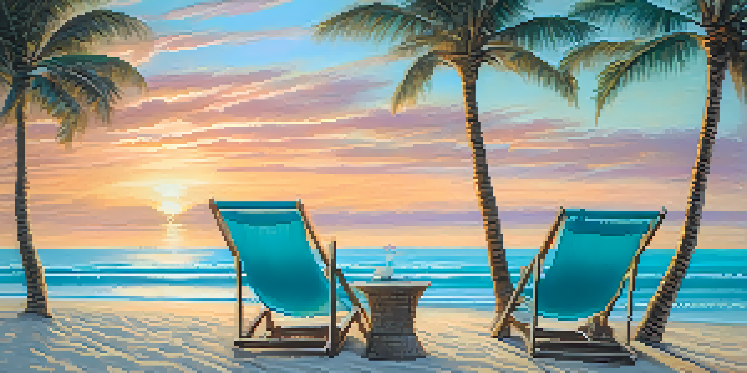 A tranquil beach at sunset with pastel skies, palm trees, and beach chairs, creating a peaceful winter escape atmosphere.