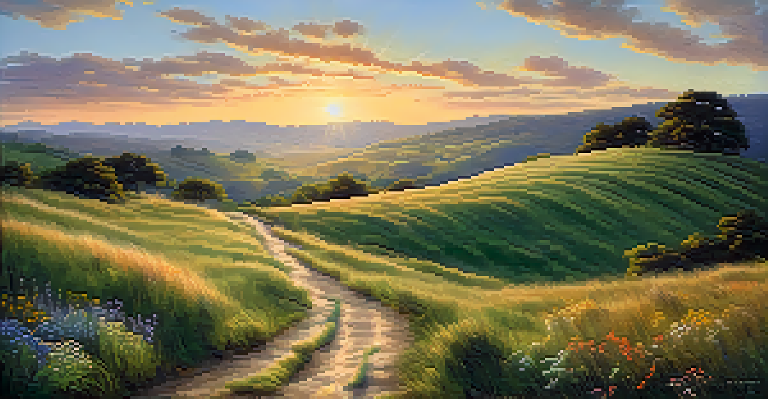 A serene landscape of rolling hills in soft morning light, with a winding path and colorful wildflowers.