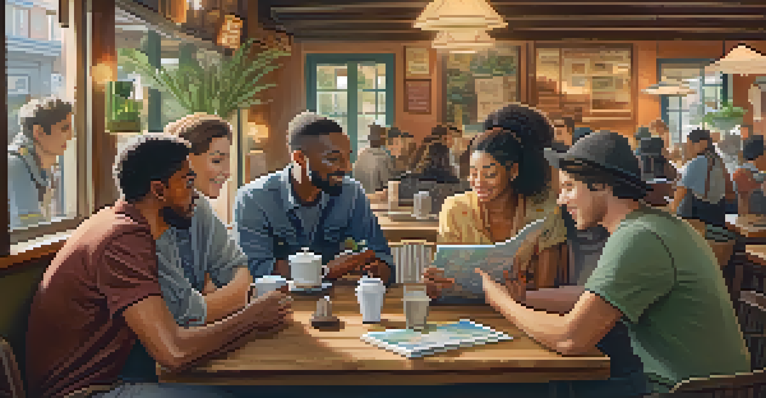 A diverse group of travelers in a cozy coffee shop, discussing travel plans while checking their phones and a map.