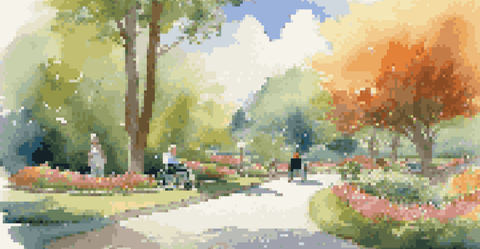 A wheelchair user exploring a beautifully landscaped park with a companion, surrounded by flowers and trees under a bright blue sky.