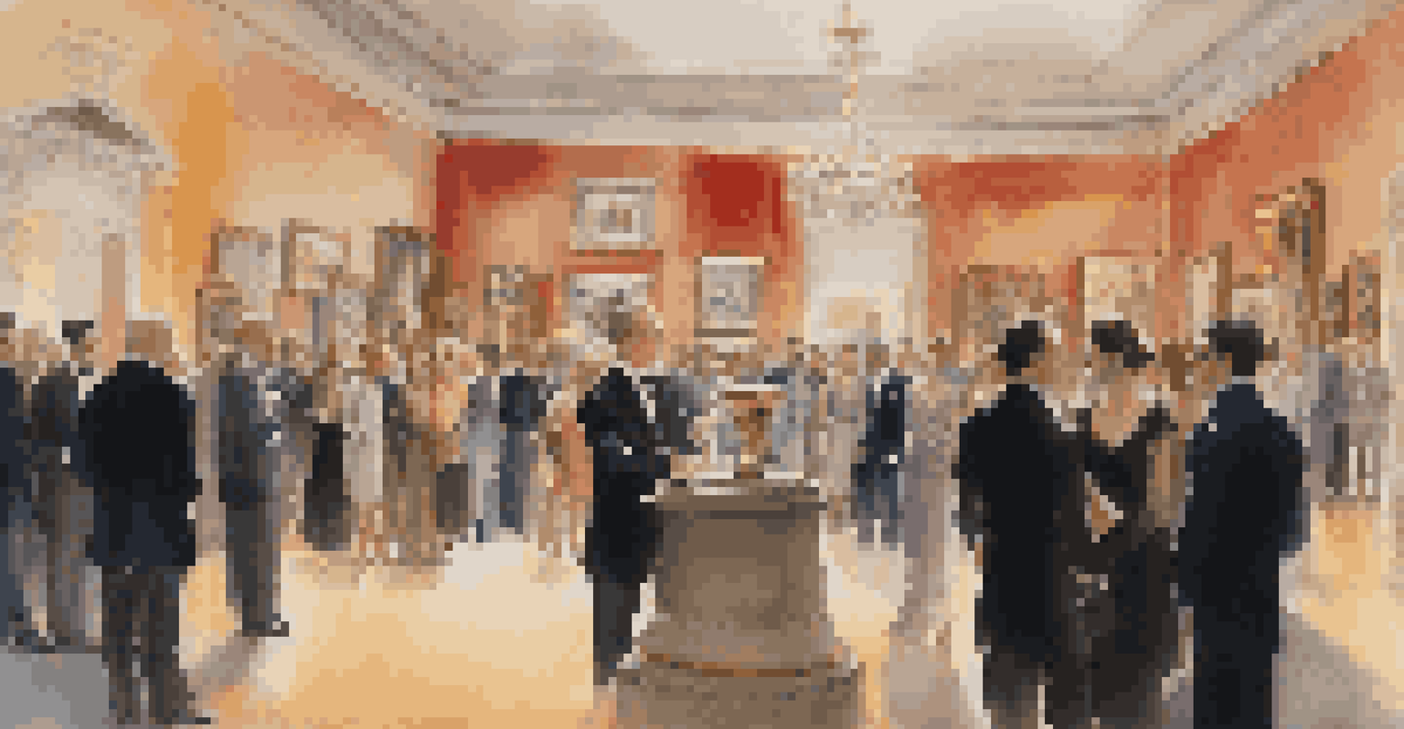 A luxurious art auction with guests in formal attire and an exquisite painting on display.