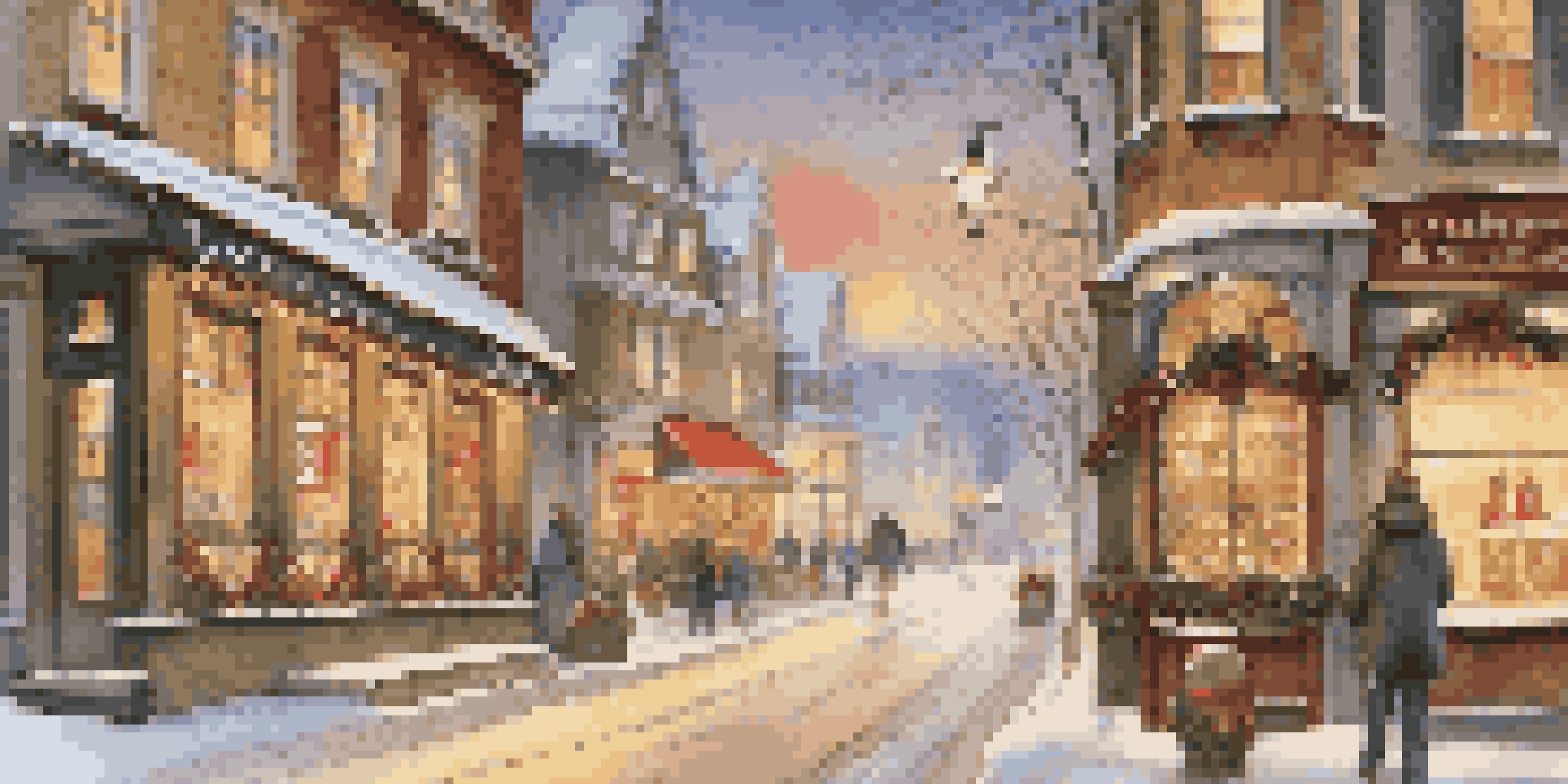 A charming street in a small town decorated for the holidays, with snow gently falling and warm lights illuminating the shops.