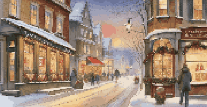 A charming street in a small town decorated for the holidays, with snow gently falling and warm lights illuminating the shops.