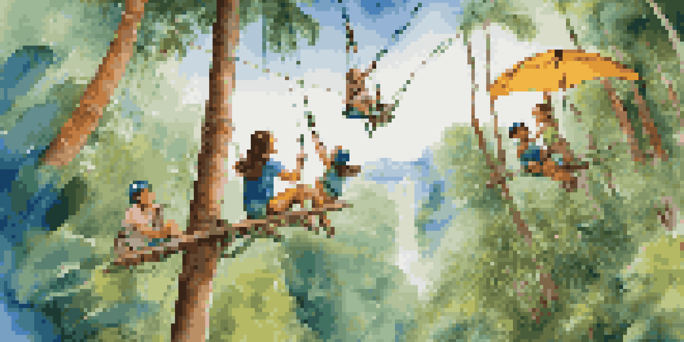 A family getting ready to zipline, with children smiling and surrounded by colorful plants and a clear blue sky.