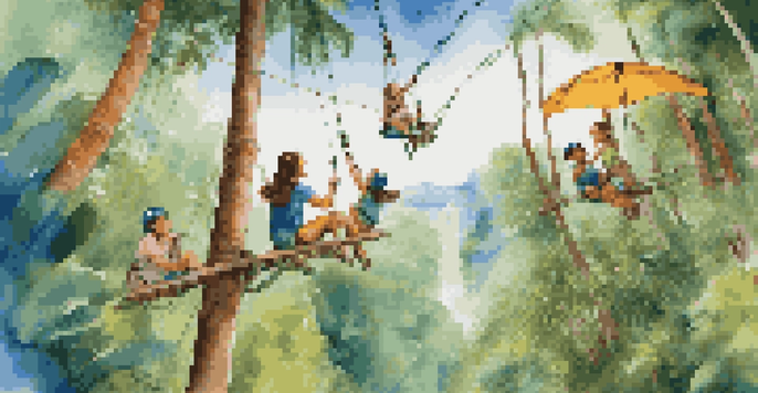 A family getting ready to zipline, with children smiling and surrounded by colorful plants and a clear blue sky.