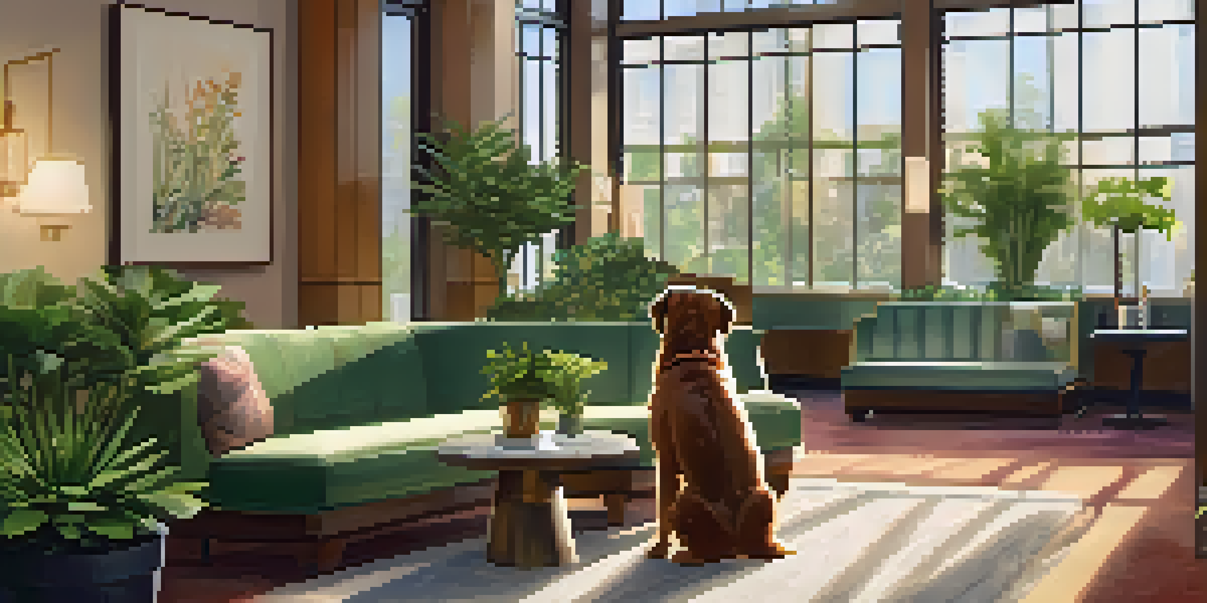 A cozy hotel lobby featuring a dog on a pet bed and a receptionist offering treats.