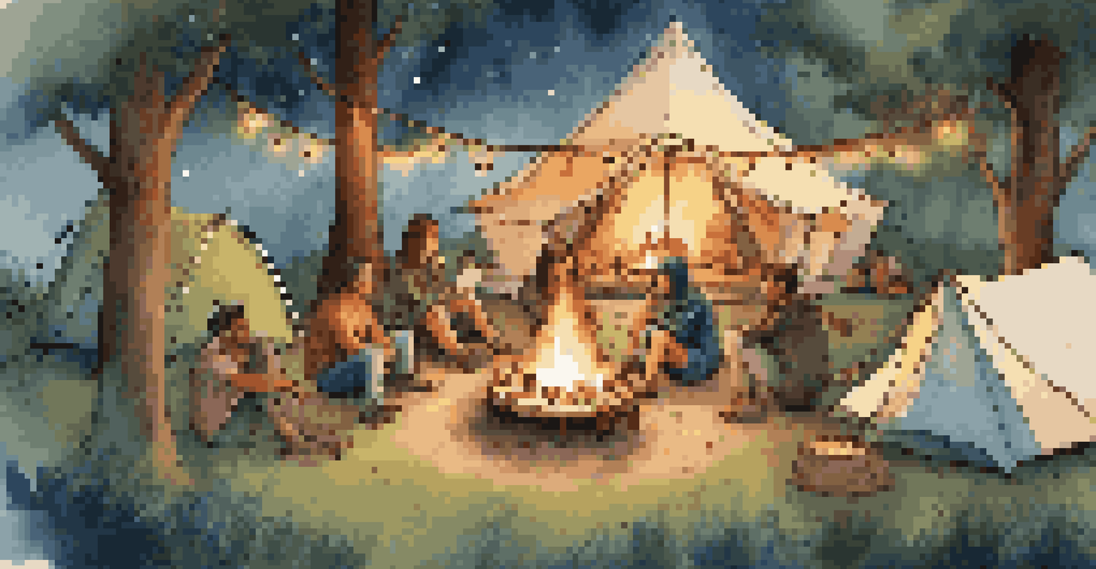 A cozy campsite with tents around a campfire, friends roasting marshmallows and surrounded by greenery and fairy lights.