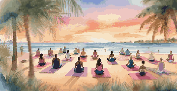 A diverse group of individuals practicing yoga on a beach at sunrise, surrounded by palm trees and soft waves.