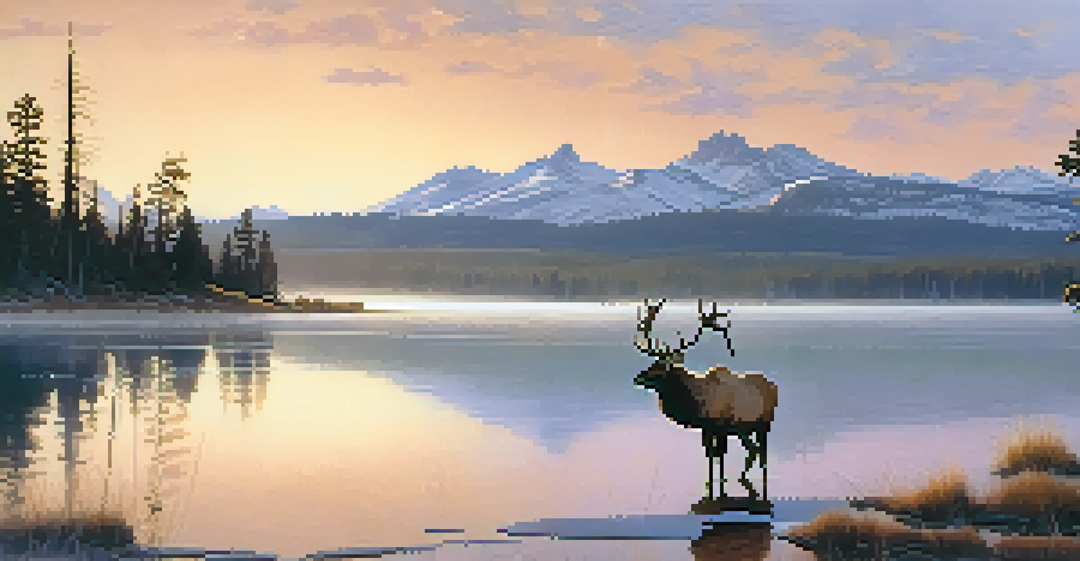 An elk standing by a tranquil lake in Yellowstone National Park during dawn, with mist rising from the water and mountains in the background.