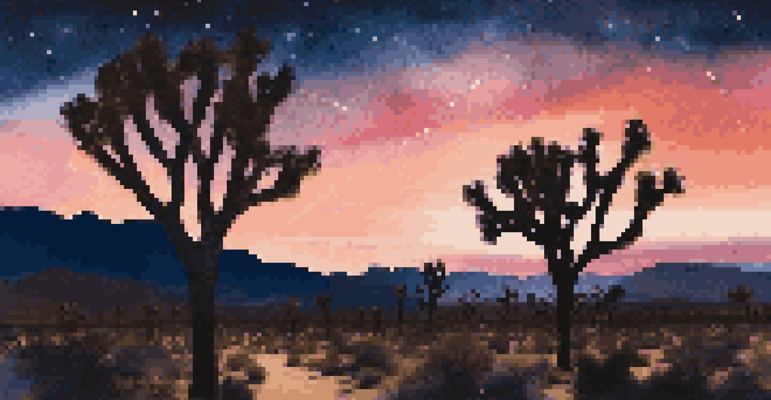 A long exposure image of Joshua Tree National Park at night, featuring star trails and the silhouettes of Joshua trees against a colorful sky transitioning from sunset to night.