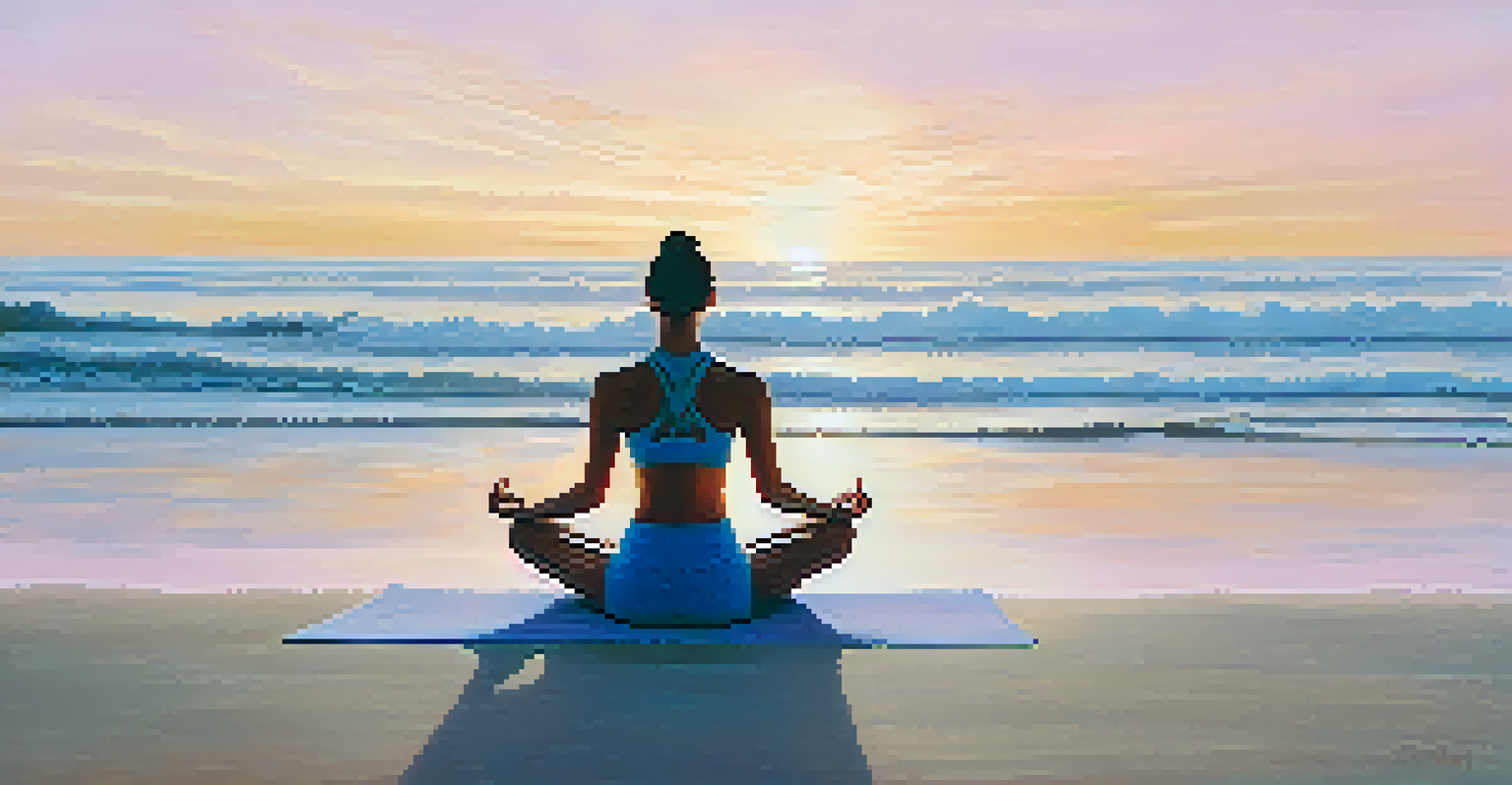 A person practicing yoga on a beach at sunrise, with gentle waves and a colorful sky, promoting relaxation and mindfulness.