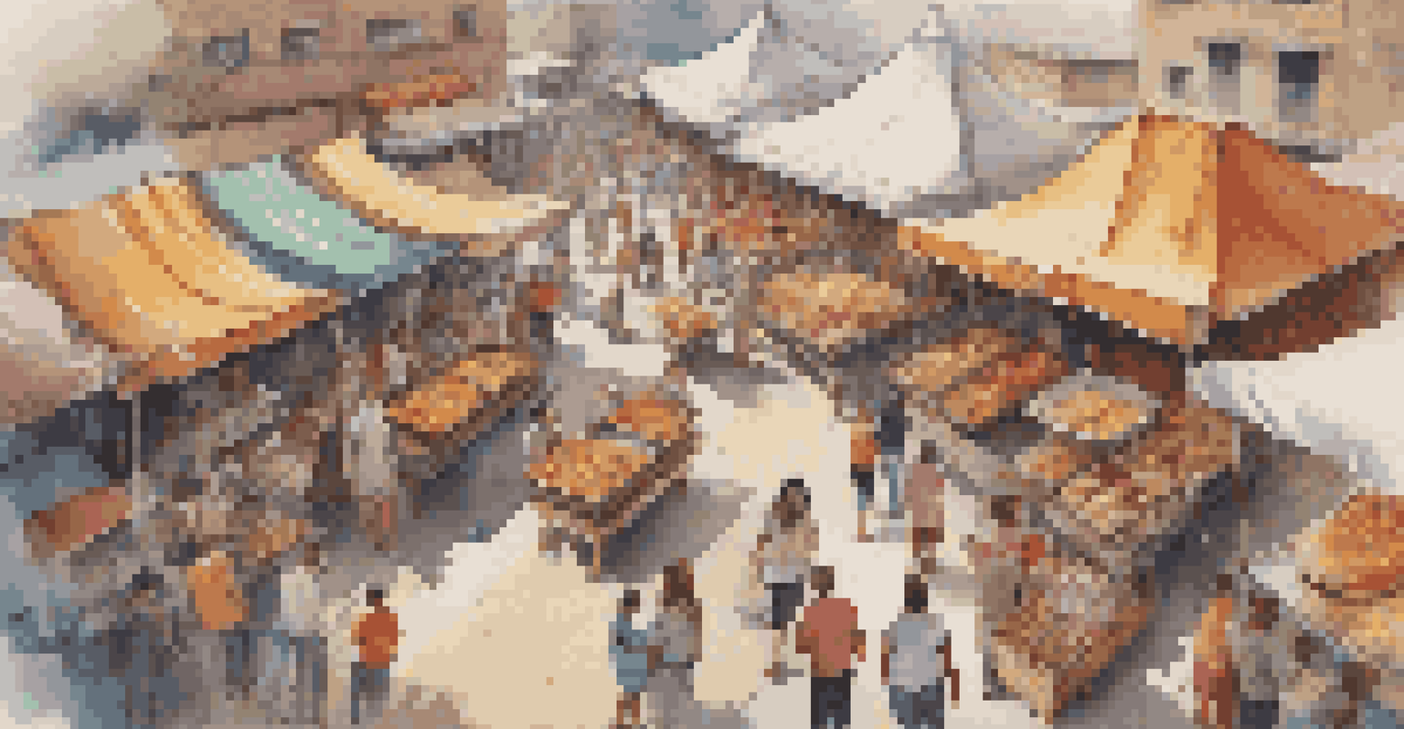 Aerial view of a busy festival market with food stalls, colorful banners, and people enjoying street food.