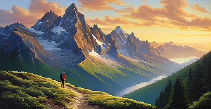 A hiker overlooking a stunning mountain landscape at sunrise, with golden light illuminating the peaks and a winding trail in the foreground.
