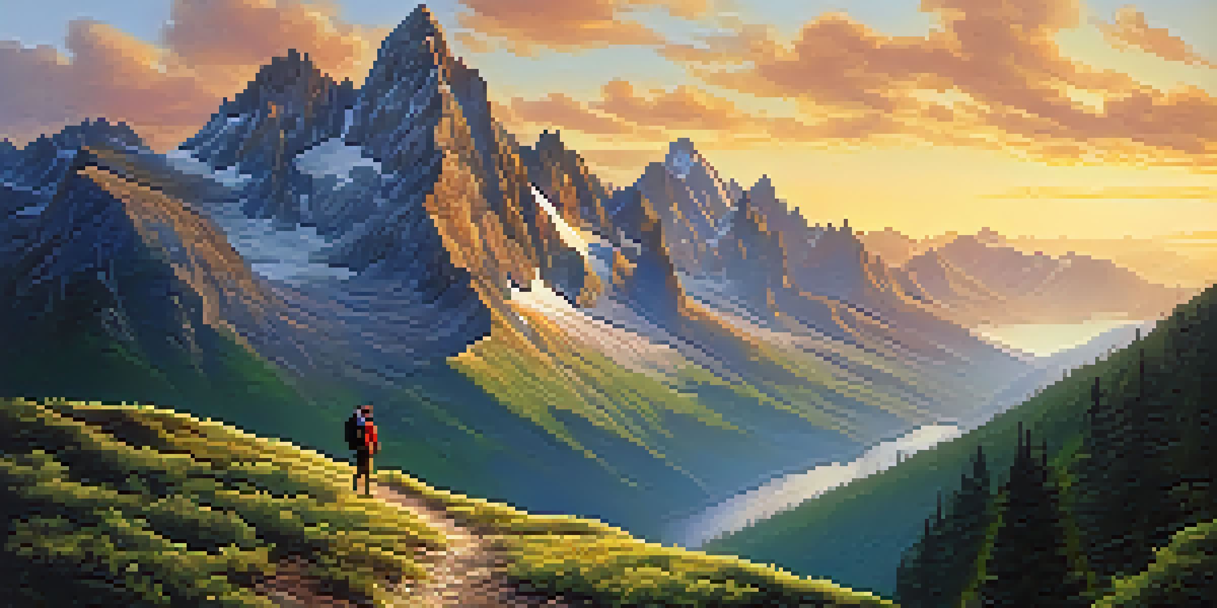A hiker overlooking a stunning mountain landscape at sunrise, with golden light illuminating the peaks and a winding trail in the foreground.
