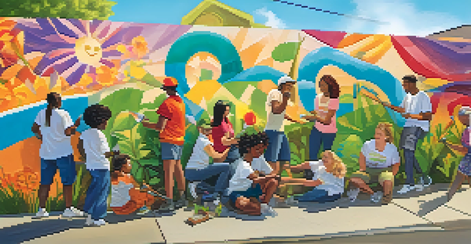 A diverse group of volunteers painting a mural in an urban neighborhood, surrounded by greenery and cheerful local residents.