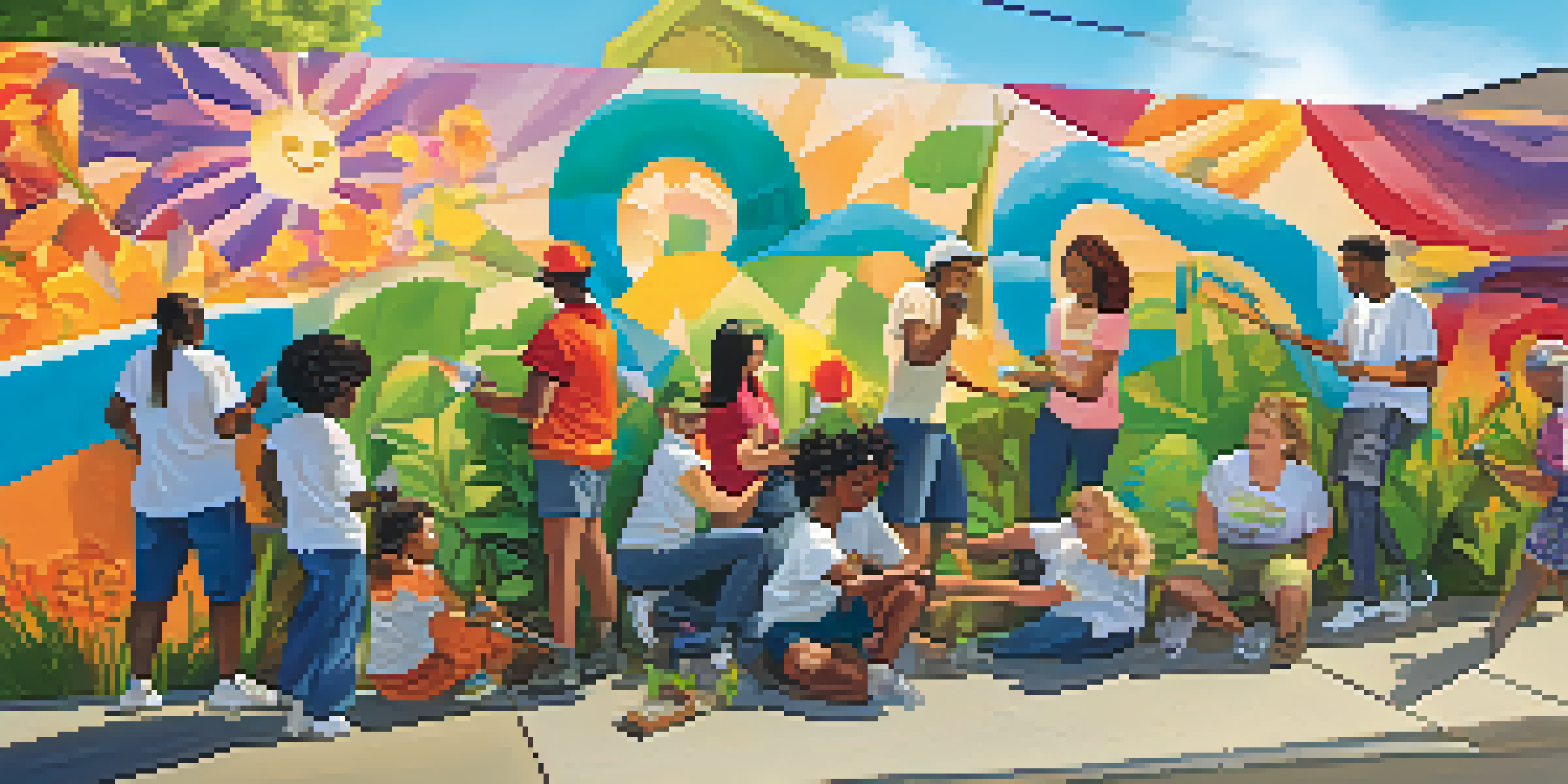 A diverse group of volunteers painting a mural in an urban neighborhood, surrounded by greenery and cheerful local residents.