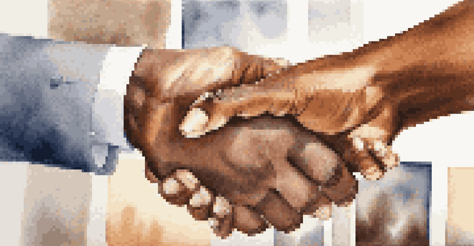 A close-up of two hands of different skin tones reaching for a handshake in an office setting.