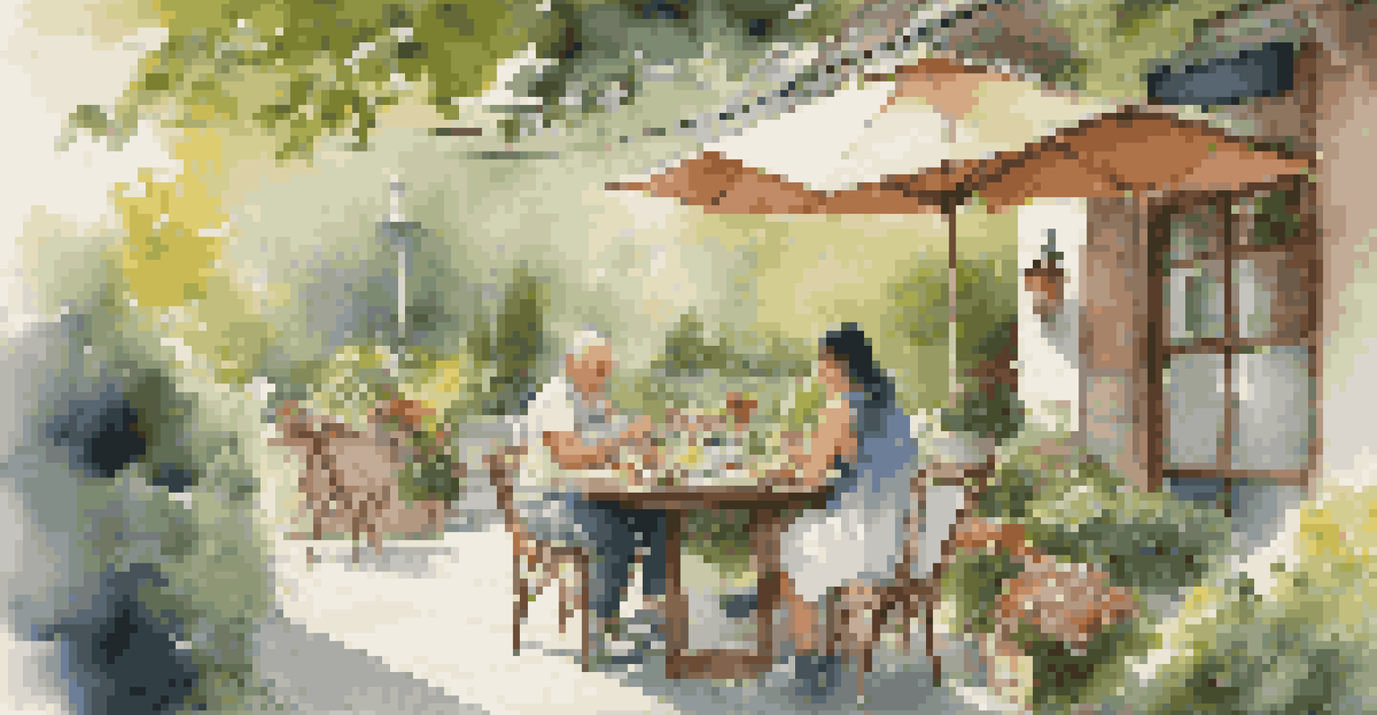 A cozy outdoor dining area at a café with a rustic table full of delicious dishes and a couple enjoying their meal.
