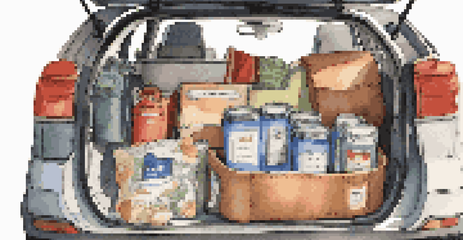 A car trunk filled with travel essentials such as snacks, a cooler, and a travel journal, illuminated by warm sunlight.