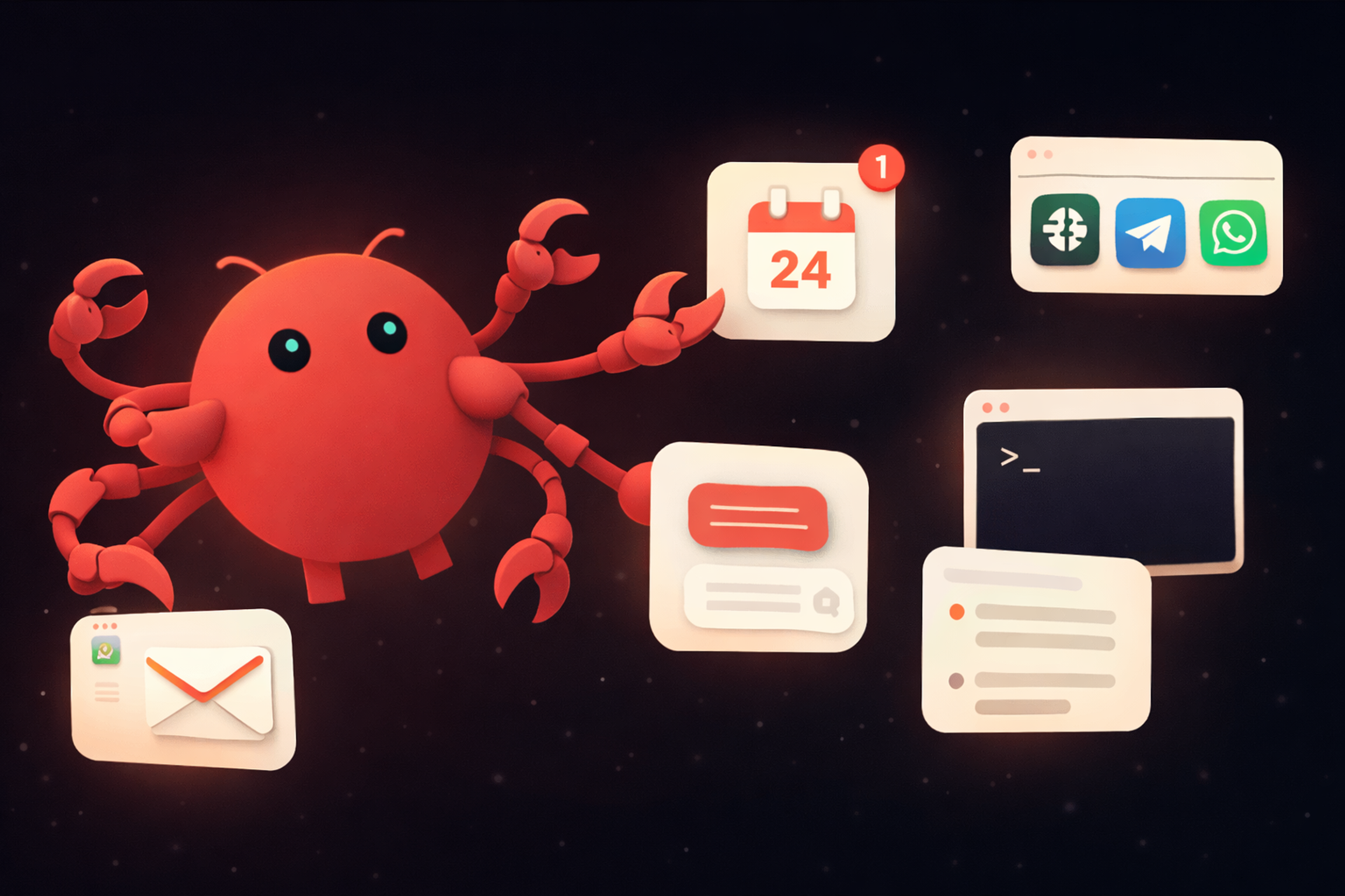 Red Clawdbot robot with lobster claws actively managing multiple digital tasks including emails, calendars, and chat applications