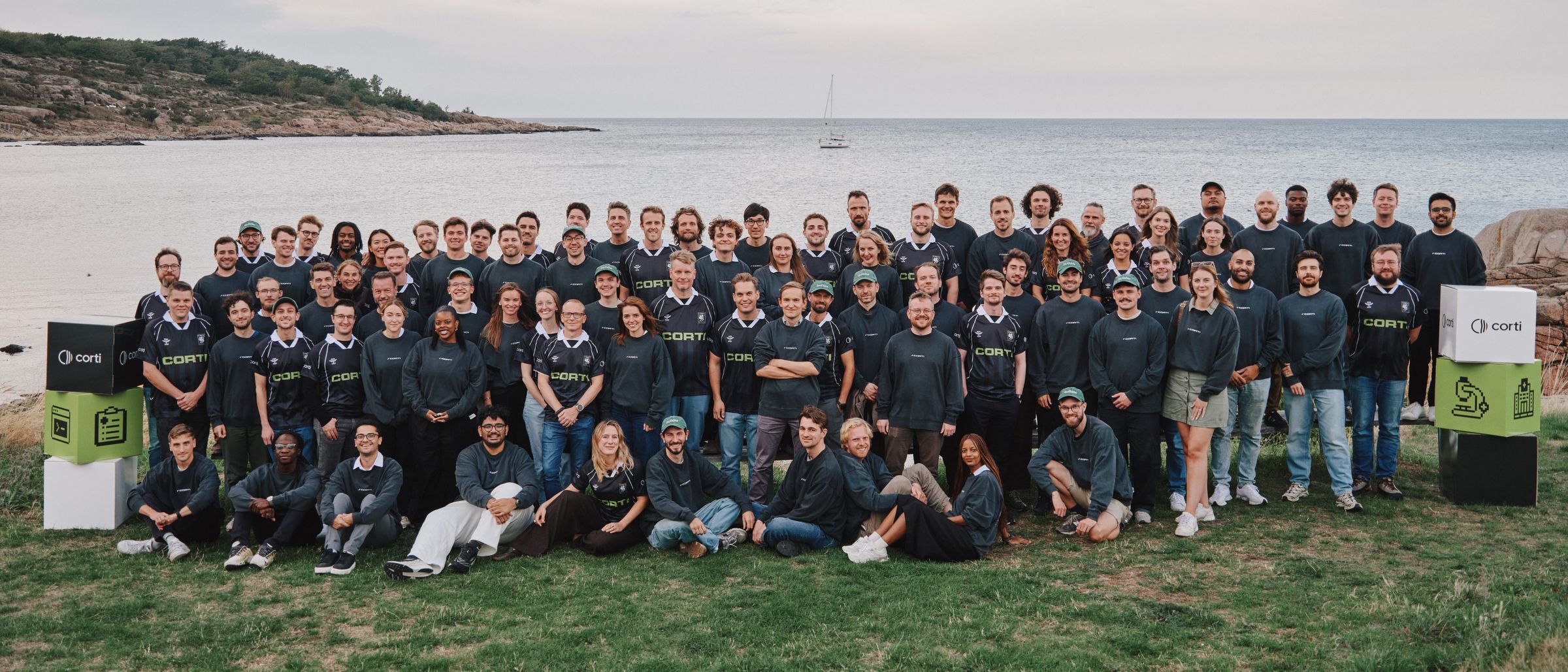 The Corti team gathered on the shore at Bornholm