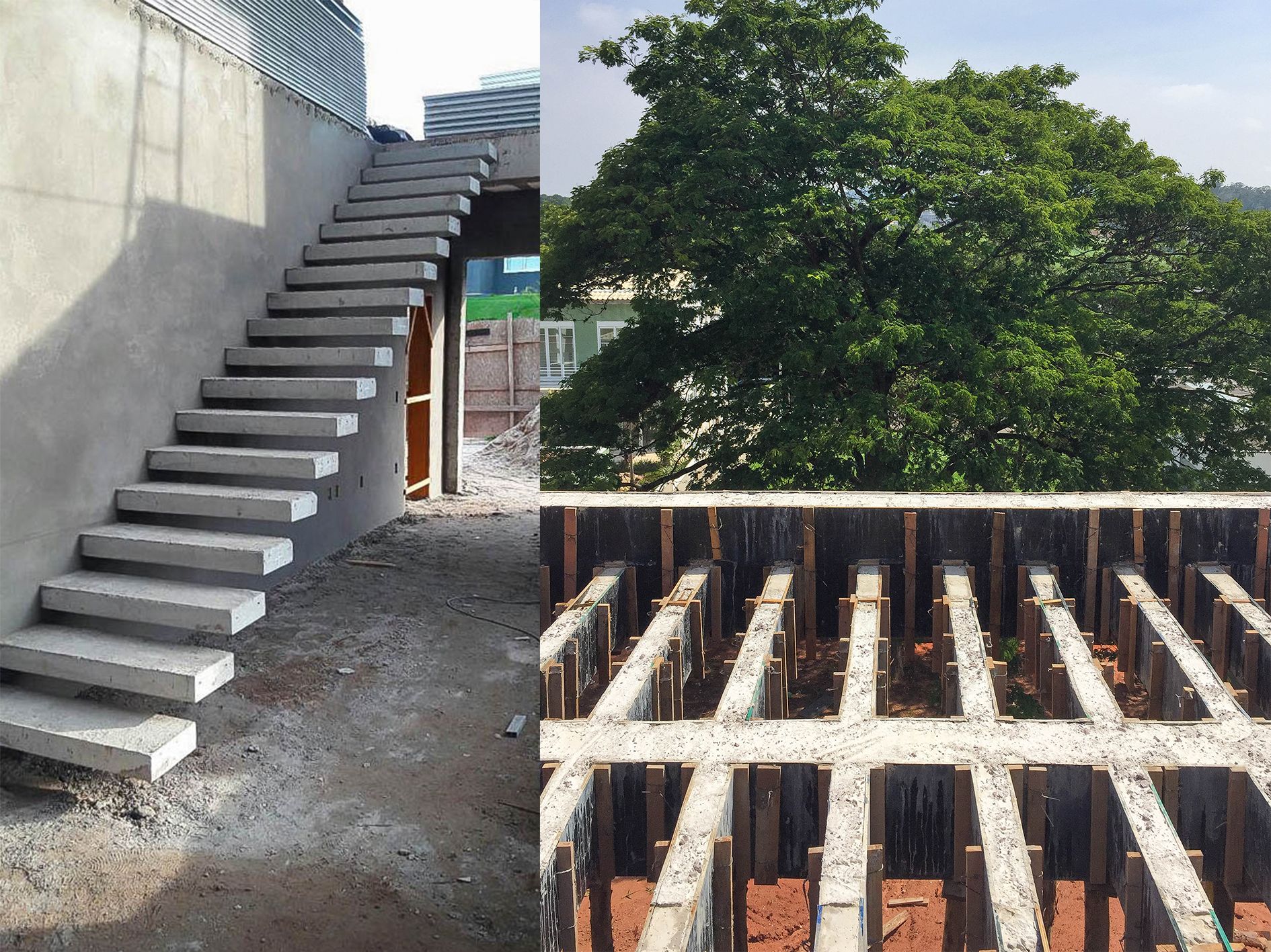 escada depois da retirada das formas e pergolado com as formas durante a cura do concreto