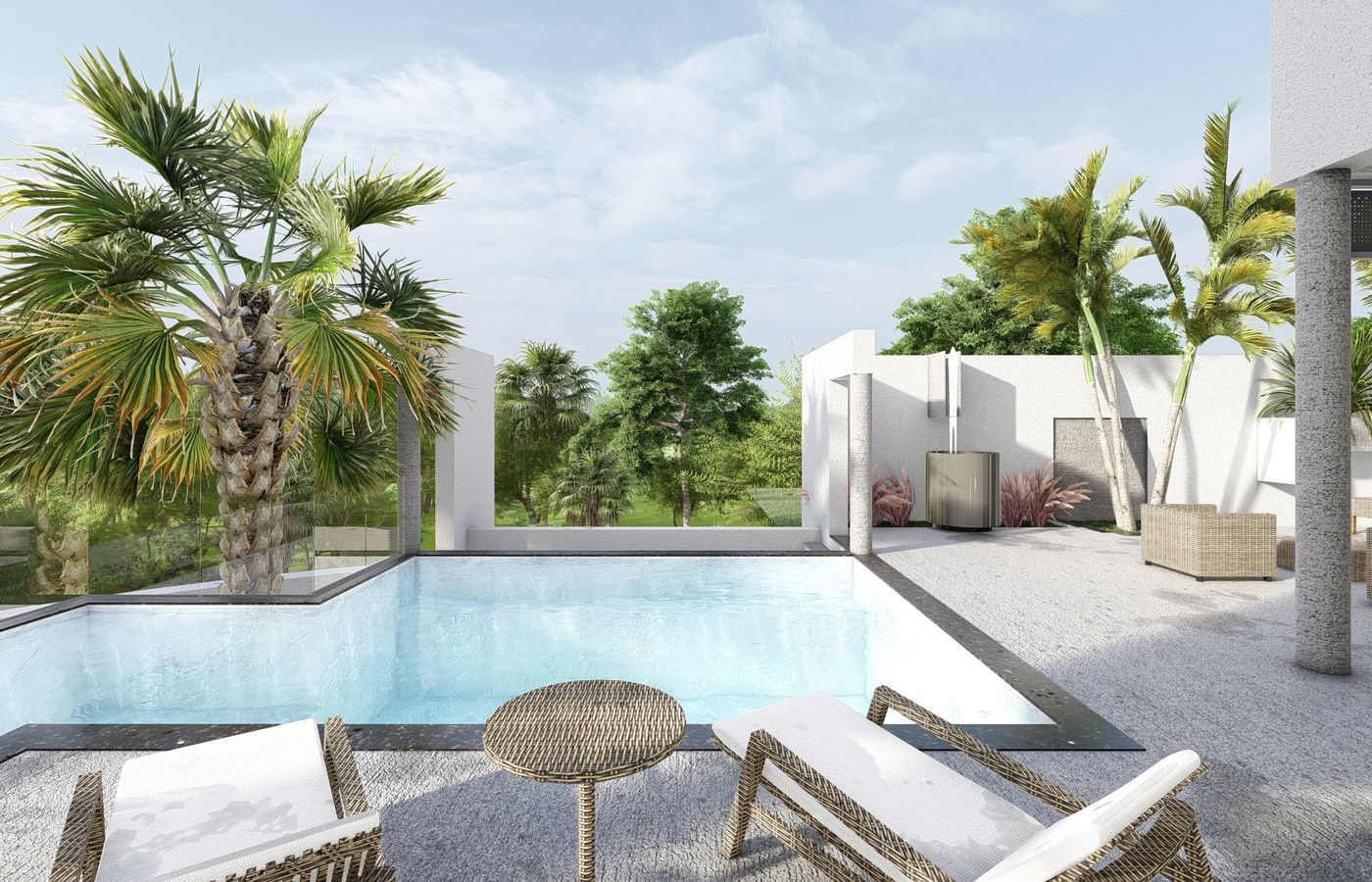 vista para a piscina e para a fonte